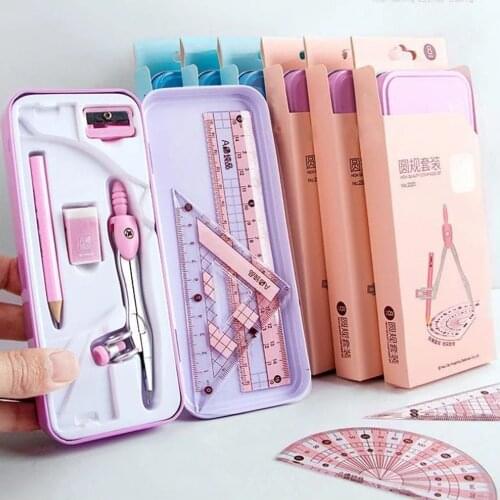 8pcs/set Iron Packaging Compasses Ruler Stationery Set Math Geometry Tools For Students To Draw School Supplies