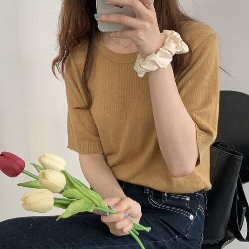 Solid Color T-shirt O-Neck knitted Womens Clothing Short-sleeved T-shirt 2021 Summer Clothes for Women Top camisas de mujer