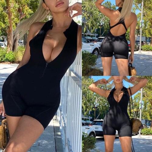 Sexy Women Summer Sports Romper Adults Deep-V Out Sleeveless Backless Butt Lifting Solid Color V Neck Zipper Bodysuit