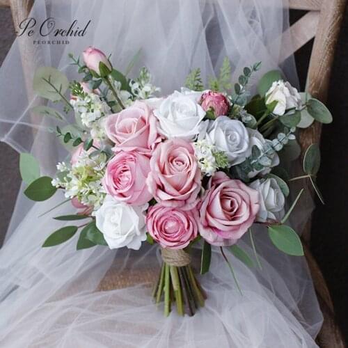 PEORCHID Charm White Pink Wedding Flowers Bridal Bouquet Rose Artificial Bridesmaid Holding flowers Handmade Korean Big Bouquet