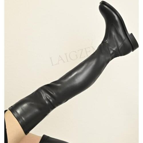 LAIGZEM Women Thigh High Boots Real Leather+Stretchy PU Low Block Heeled Boots Over Knee High Shoes Woman Laigzem Size 37 38 39