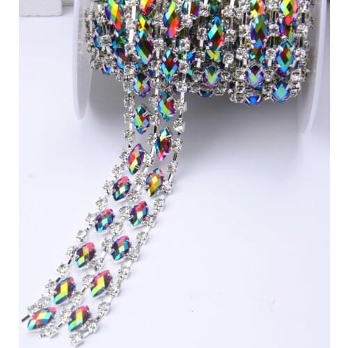 New 1yard Horse eye AB glass Crystal flower Clear Glass Rhinestone Bridal Trim Fashion Chain Silver Belt Sash Bags Shoes