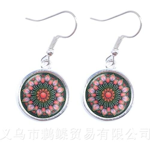 Mandala Datura Flower Time Gem Cabochon Earrings Handmade Summer Drop Earrings Sacred Geometry Jewelry Art Glass Pendant