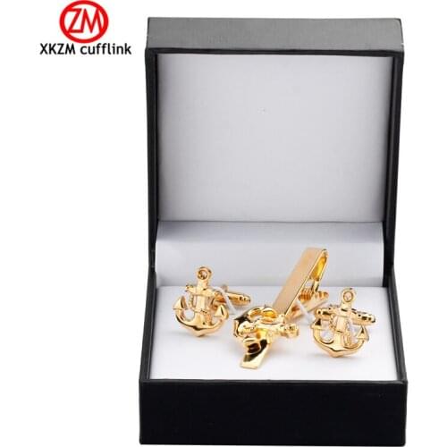 XKZM High Quality Cuff links necktie clip for tie pin for mens gift Golden anchor tie bars cufflinks tie clip set Free Shipping