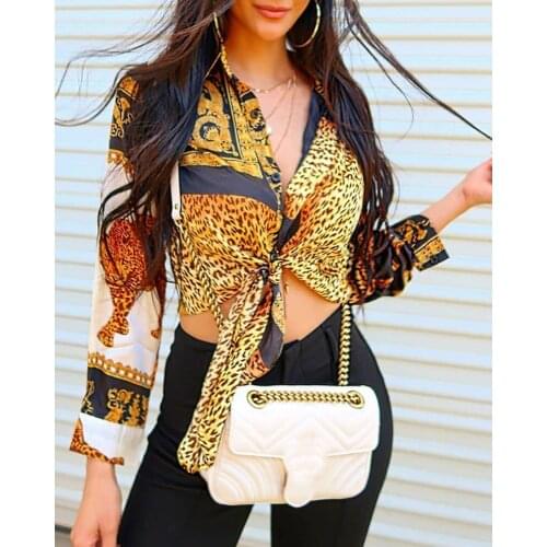 Leopard Print Knot Front Long Sleeve Blouse