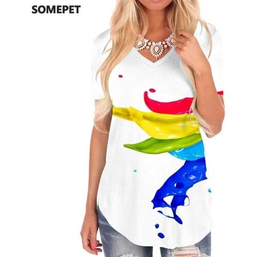 SOMEPET Colorful T-shirt women Abstract V-neck Tshirt Graphics Funny T shirts Painting Shirt Print Womens Clothing Punk Rock