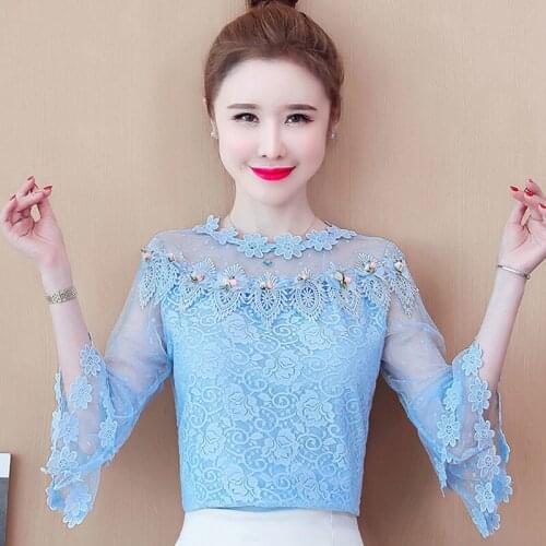 Lace top 2021 summer fashion new embroidered mesh stitching self-cultivation temperament casual top women
