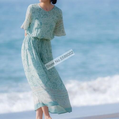 Ladies High Quality Floral Printed Gathering Waist Long Dress With Tassel Waist Detail & Matching With Lining