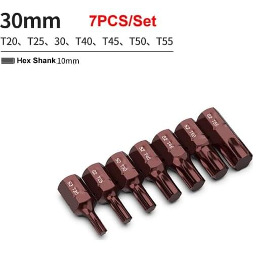 7pcs T20-55 30mm Length Magnetic Torx Screwdriver Bit S2 Steel 10mm Hex Shank for Impact Screwdriver T20/T25/T30/T40/T45/T50/T55