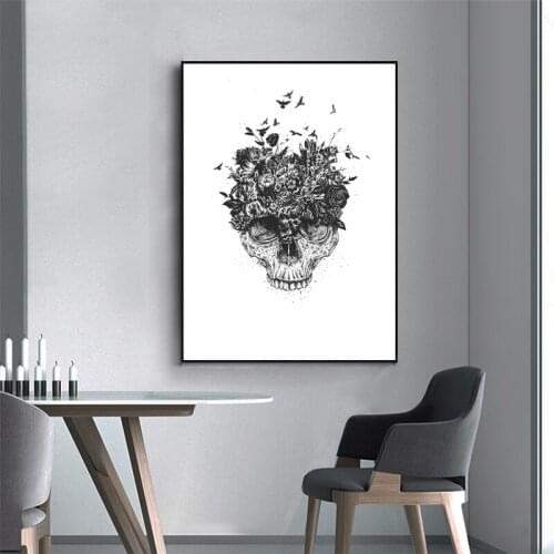 Abstract Art Canvas Poster Skull with Plant Flower Wall Pictures Nordic Black White Animal Paintings on The Wall Room Decoration