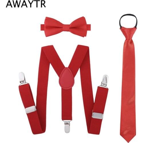 AWAYTR Elastic Suspender for Kids Bow Ties Zipper Neckties Braces Set Adjustable Suspender for Children 3 Clips Braces for Boys