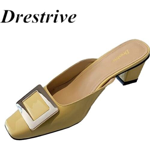 Drestrive Women Pumps Square Toe Patent Leather Metal Knot 2021 Summer Fashion Thick High Heel Shoes Yellow Mules Sandal Slipper