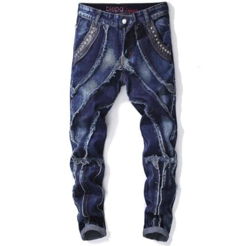 Men Patchwork Punk Jeans Fashion Mens Straight Casual Long Pants Rock Style Ripped Patches Denim Jeans Size 29-38