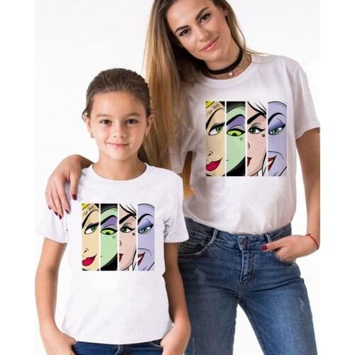 Maleficent Printed Family Matching T Shirts Summer White O-neck Casual Loose Tshirt Cute Cartoon Kawaii Female Kids Boy Girl Top