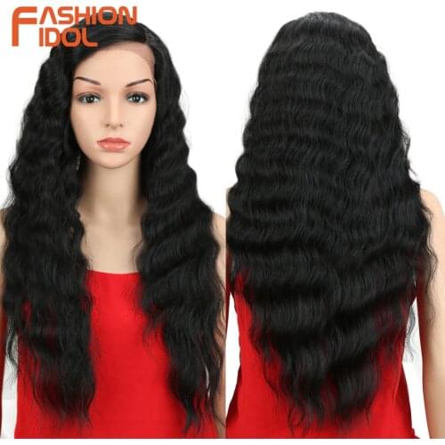 FASHION IDOL Water Wave Hair Lace Wigs Heat Resista Natural Hair Wig Black 28Inch Loose Wave Brown Wavy Synthetic Wigs For Women