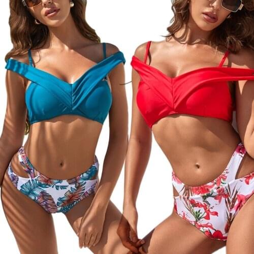 24BD Women Sexy 2 Piece Bikini Set Cutout Cold Shoulder Ruched Deep V-Neck Swimsuit Tropical Floral Leaves Print High Waisted