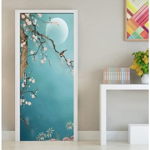 Chinese Style Hand Painted Flowers Birds Art Wall Painting Vinyl Self-adhesive Door Sticker 3D Photo Wallpaper Waterproof Mural
