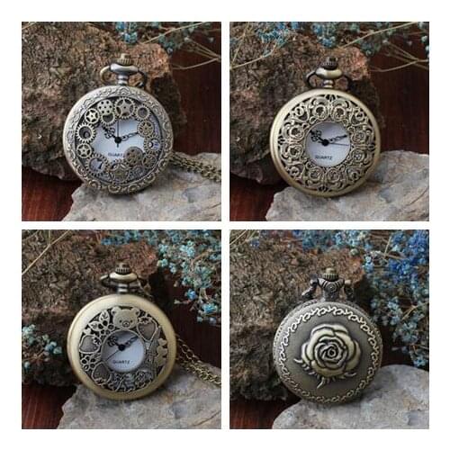 New Bronze antiques gear Little Bear roses Hollow woman quartz pendant Necklace pocket watches gift OKJ53