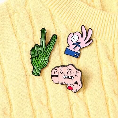 Cartoon Cactus Victory Shape Metal Brooch Punk Fist Gesture Personality Decoration Pin Clothes Bag Accessories