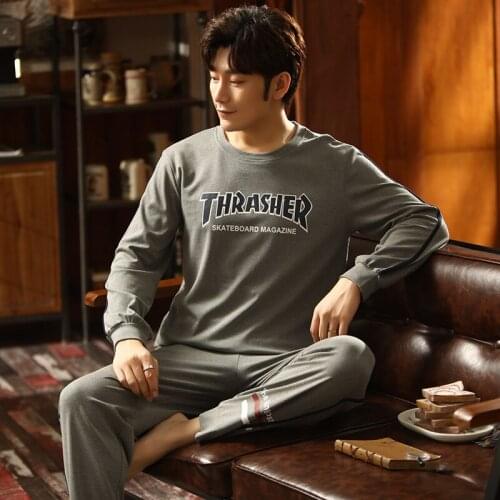 Autumn Pajama Set for Men Winter 100% Cottom Home Sleepwear O-Neck Soft Male Lounge Nightwear
