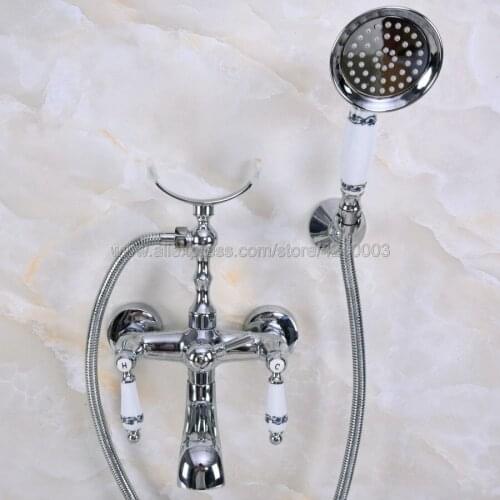 Polished Chrome Tub Faucet Wall Mounted Mixer Tap Ceramic Handles With Hand Shower Kna239
