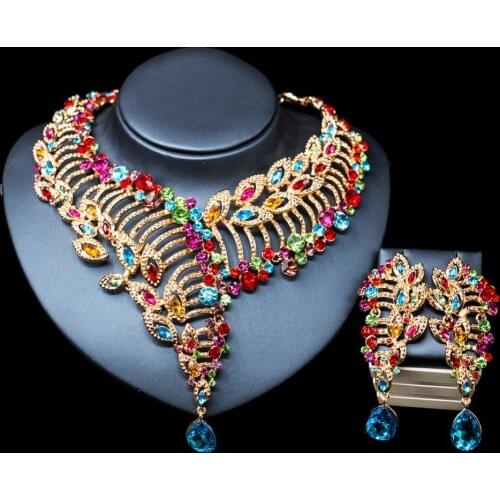 Luxury Vintage Jewelry Set Necklace Earrings Maxi Women Big Pendent CHEAP Statement Collares F1023 with Rhinestones 3 Colors