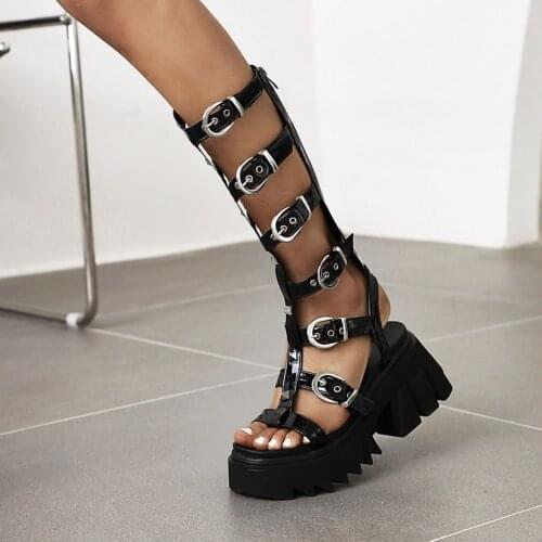 OLOMLB Knee High Sandals Belt Buckle Rivet Gladiators Roman Shoes Retro Womens Wedge High Heel Casual Hollow Out Punk New