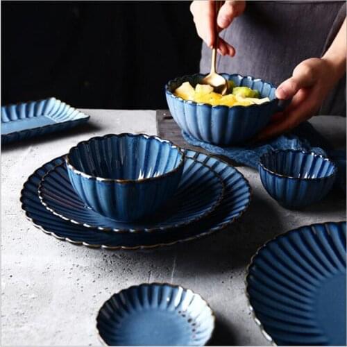 Retro Blue petal Dinner Plate Ceramic Kitchen Plate Tableware Set Food Dishes Rice