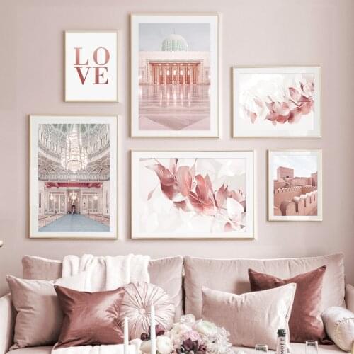 Modern Pink Leaves Love Mosque Posters Canvas Painting Wall Art Print Picture Photos for Living Room Interior Home Decoration