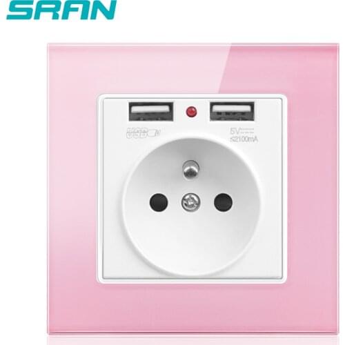 SRAN French standard electric socket with USB wall power outlet glass material pink small princess room decoration security door