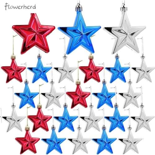 4th of July Star Tree Ornaments 24pcs Independence Day Star Blue Red Mini Hanging Ornaments Labor Day Christmas Tree Decor