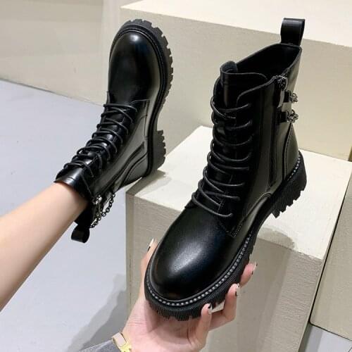 Womens short boots ankle lace up square heel middle tube short boots winter warm black thick soled womens Boots