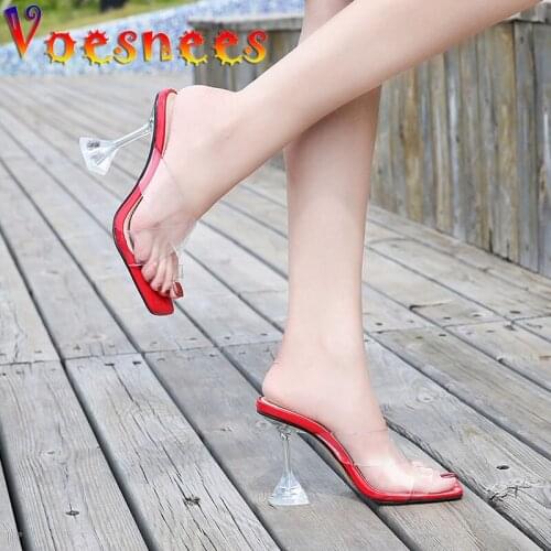2021 PVC HOT Female Slipper Shoes Sexy Clear Crystal Cup Square Heels Summer Peep Toe Crystal Women Sandals Cross Vamp Heels
