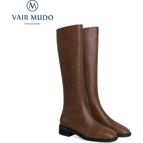 VAIR MUDO Women Modern Boots Shoes Knee-High Cow Leather Fashion Elegant Black Brown Solid Shoes Women Short Plush WM-X183-C