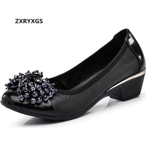 Promotion 2020 New Spring Rhinestone Bow Genuine Leather Shoes Women Fashion Shoes High Heels Black Shoes Women Shoes Large Size