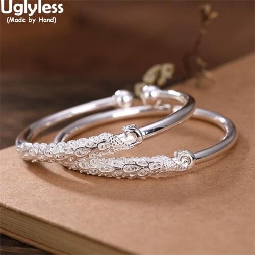 Uglyless New Arrival Ethnic Vintage Peacock Bangles for Women Real 999 Pure Silver Animals Open Bangles Glossy Silver Jewelry