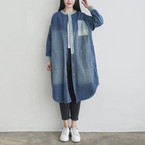 Loose Patchwork Denim Trench Women Long Big Size Cowboy Windbreaker Fashion Vintage Washed Bleached Irregular Length coat