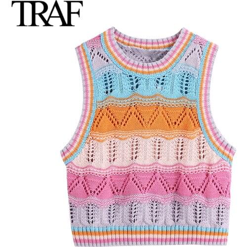 Traf Za Women Clothing 2021 Spring Autumn Fashion Knit Tank Tops Loose Sleeveless Sweater Vest Ladies Hollowed Out Waistcoat