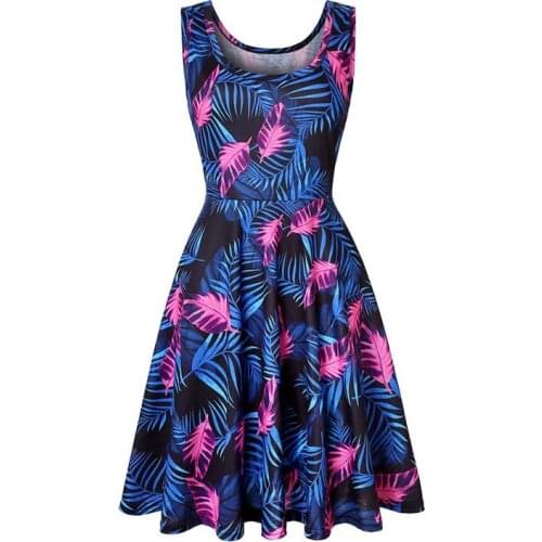 Women Fashion Blue Leaves Print Spaghetti Straps Midi Shirt Dress Vintage Sleeveless Pullover Female Dresses Muje