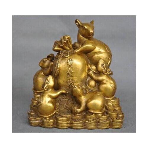 5'' China Zodiac Five Rat Mouse Money Coin Bag Bronze Statue word copper wedding Brass Fine Arts Crafts decoration