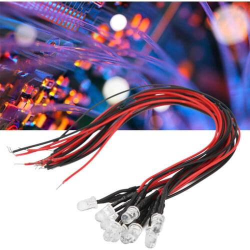 50Pcs DC 5-12V 3mm LED Round Head Diode Wired Light Emitting Round Head High Brightness In Line LED Diodes High Safety Factor