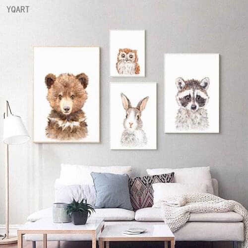 Watercolor Cute Animal Canvas Posters Bear Rabbit Fox Owl Painting Pictures for Childrens Room Kindergarten Wall Decoration