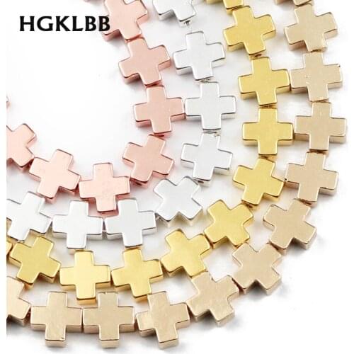 HGKLBB Gold Silvers Jesus Cross Hematite Natural Stone Spacer Loose Beads For Jewelry Making Diy bracelets necklace 8mm 46pcs