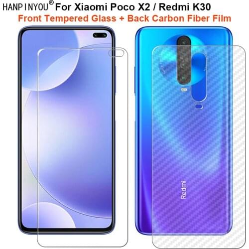 For Xiaomi Poco X2 / Redmi K30 6.67" 1 Set = Soft Back Carbon Fiber Film + Ultra Thin Tempered Glass Front Screen Protector