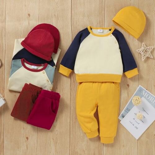 FOCUSNORM 3pcs Autumn Toddlers Baby Boys Clothes Sets Color Patchwork Long Sleeve Pullover Tops + Pants + Cap Set 0-24M