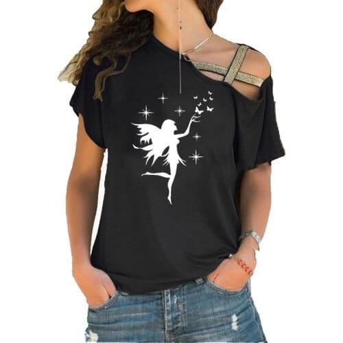 Spring Summer Woman Tee Shirt Fairy Butterfly Woman Art Fashion Irregular Skew Cross Bandage Style Tee Tops Hot Sale 2021