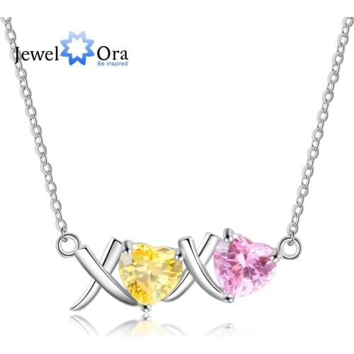 JewelOra Designer Personalized Inlaid Heart Birthstone Pendant Necklace Romantic I love You XOXO Necklace Cutom Gift for Wife