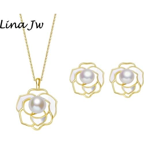 Camellia Natural Freshwater Pearl Set Jewelry for Women with Sea Shell Pendant Silver Earrings Party Charm Gift Set