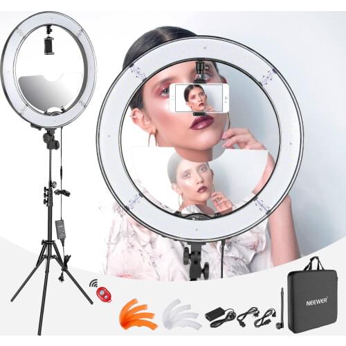 Neewer LED Ring Light 18-inch Outer Diameter with Top/Bottom Dual Hot Shoe Mirror Smartphone Holder Light Stand Soft Tube Filter