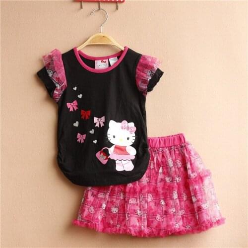 2016 Cute Cat Baby Girls Summer Clothing Sets Childern Bow Cartoon 2pcs Dress Clothes Suit Sets Kids Leisure Girls Summer Set